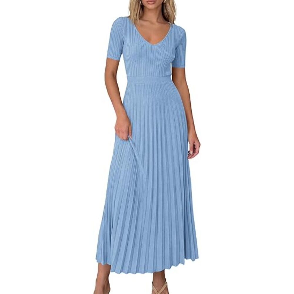 Women's Light Blue Viscose V Neck Short Sleeve A Line Summer Casual Midi Dress
